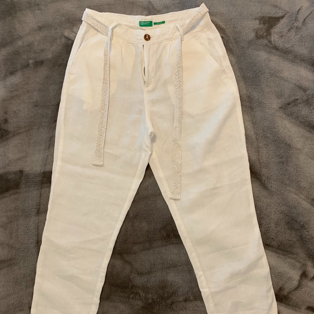 White pure linen summer pants
